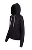A black zip hoodie with a hood, featuring drawstrings and front pockets, has a simple design and fitted style.