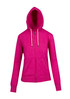 A pink zip hoodie featuring a hood, front pockets, and drawstring detail. It has a branding logo.