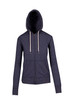 A women's junior heather zip hoodie in navy blue with a hood and front pockets. It features a logo.