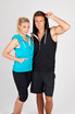 A sleeveless zip hoodie in vibrant turquoise for women and classic black for men, featuring a logo.