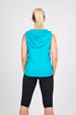 A sleeveless zip hoodie in a vibrant turquoise colour, featuring a hood and a fitted design, captured from the back.