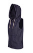 A sleeveless zip hoodie in dark heather grey with a hood and front pockets, featuring a logo.