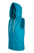 A sleeveless zip hoodie in vibrant teal featuring a hood and front pockets. Includes branding.