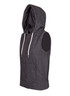 A sleeveless zip hoodie in heather grey with a hood and front pockets. Features a branding logo.