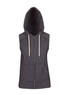 A sleeveless zip hoodie in grey, featuring a hood and two front pockets. Includes a logo on the design.