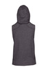 A sleeveless zip hoodie in heather grey, featuring a hood and a branded logo. A sleeveless zip hoodie in heather grey, featuring a hood and a branded logo.