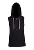 A sleeveless black zip hoodie with a hood, featuring front pockets and drawstring details.