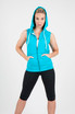 A sleeveless zip hoodie in vibrant turquoise with a hood, featuring front pockets and a model wearing it.