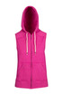 A sleeveless zip hoodie in bright pink, featuring a hood and front pockets, with a brand logo. A sleeveless zip hoodie in bright pink, featuring a hood and front pockets, with a brand logo.