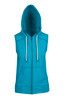 A sleeveless zip hoodie in a vibrant teal colour, featuring a hood and front pockets. It has logo branding. A sleeveless zip hoodie in a vibrant teal colour, featuring a hood and front pockets. It has logo branding.