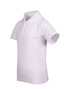 A white kid's pique polo shirt with a classic collar and short sleeves. It features a logo on the front.