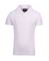 A white kids' pique polo shirt featuring a three-button placket and a branding label. A white kids' pique polo shirt featuring a three-button placket and a branding label.