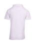A white kid's pique polo shirt featuring a standard collar and short sleeves, with a logo on the back.