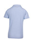 A light blue kid's pique polo shirt featuring a collared design. Includes a brand logo on the back. A light blue kid's pique polo shirt featuring a collared design. Includes a brand logo on the back.