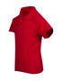 A red kid's pique polo shirt featuring a collar and three-button placket, with a branding logo on the chest.