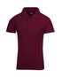 A maroon kid's pique polo shirt with a collar and three buttons, featuring a logo on the label. A maroon kid's pique polo shirt with a collar and three buttons, featuring a logo on the label.