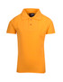 A yellow kid's pique polo shirt with a collar and three buttons, featuring a logo on the tag.