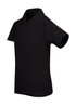 A black kid's polo shirt with a collared neck and short sleeves. It features a logo on the chest.