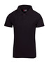 A black kids' pique polo shirt featuring a collar and three buttons, with a logo on the label.