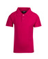A magenta polo shirt for kids with a collar and short sleeves, featuring a button placket and a logo.