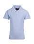 A light blue kid's pique polo shirt with a collar and three buttons, featuring a logo on the tag. A light blue kid's pique polo shirt with a collar and three buttons, featuring a logo on the tag.