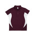 A maroon polyester polo shirt with white accents and a collar, featuring buttons and a branding logo. A maroon polyester polo shirt with white accents and a collar, featuring buttons and a branding logo.