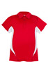 A red polo shirt with white side panels and a collar, featuring a logo on the chest.