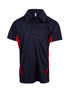 A polyester polo shirt in navy blue with red side panels and a collar. Features a logo on the chest area.