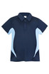 A navy blue polyester polo shirt featuring light blue side panels and a collar. It includes a branding logo. A navy blue polyester polo shirt featuring light blue side panels and a collar. It includes a branding logo.