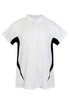 A white polyester polo shirt featuring black accents, with a collar and button placket, and a logo on the front. A white polyester polo shirt featuring black accents, with a collar and button placket, and a logo on the front.