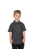 A grey 100% polyester polo shirt for kids with a collar and buttons, featuring a logo.