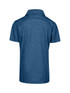 A back view of a kid's polo shirt in a blue heather fabric, featuring a collar and a logo.