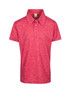 A red polo shirt for kids made from 100% polyester with a collar and three buttons. It features a logo.