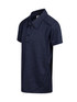 A navy blue kid's polo shirt made from 100% polyester, featuring a collar and buttons, with a logo present. A navy blue kid's polo shirt made from 100% polyester, featuring a collar and buttons, with a logo present.