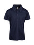 A navy blue kid's polo shirt made of 100% polyester, featuring a collar and three buttons, with a logo.
