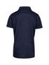 A navy polo shirt made from 100% polyester, featuring a collar and short sleeves. It has a branding logo.