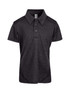 A black Kid's Challenger 100% polyester polo shirt with a collared neck and three-button placket. Features a logo. A black Kid's Challenger 100% polyester polo shirt with a collared neck and three-button placket. Features a logo.