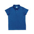 A blue polo shirt made from 100% polyester, featuring a collar and buttons, with a logo on the label.