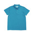 A turquoise polyester polo shirt with a classic collar and three buttons, featuring a logo on the chest. A turquoise polyester polo shirt with a classic collar and three buttons, featuring a logo on the chest.
