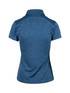 A back view of a blue women's polo shirt made from 100% polyester, featuring a collar and a logo.