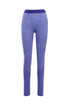 A pair of seamless leggings in a blue heathered pattern with a contrasting waistband. The design includes a logo.