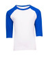 A white and blue kids' 3/4 raglan sleeve T-shirt with a logo on the front.