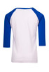 A kids' 3/4 raglan sleeve T-shirt featuring a white body and blue sleeves. It has a logo on the back.