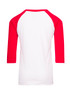 A kids' 3/4 raglan sleeve T-shirt featuring red sleeves and a white body. The shirt has a branding logo.