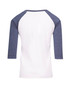 A 3/4 raglan sleeve T-shirt featuring a white body and navy blue sleeves, with a branding logo on the back.