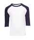 A kids' 3/4 raglan sleeve T-shirt in white with navy sleeves, featuring a logo on the front.