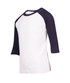 A white kids' 3/4 raglan sleeve T-shirt with navy blue sleeves and a logo.