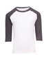 A Kids 3/4 raglan sleeve T-shirt in white with grey sleeves, featuring a logo.