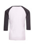 A 3/4 raglan sleeve T-shirt in white with dark grey sleeves, featuring a logo on the back.