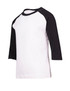 A kids' 3/4 raglan sleeve T-shirt featuring black sleeves and a white body. It has a simple design and a logo.
